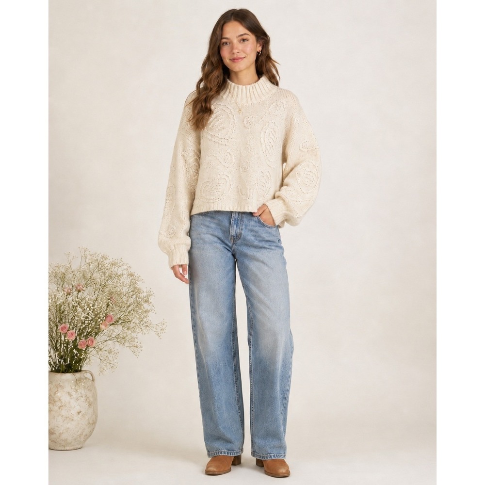 Vintage‎ JK America Sweater Womens 14/16 Ivory Embroidered Pearl Silk Angora